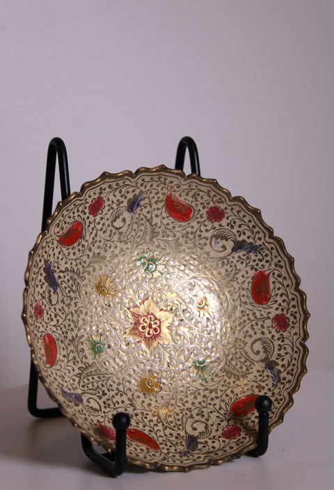 Cloisonne Style Floral Brass Bowl