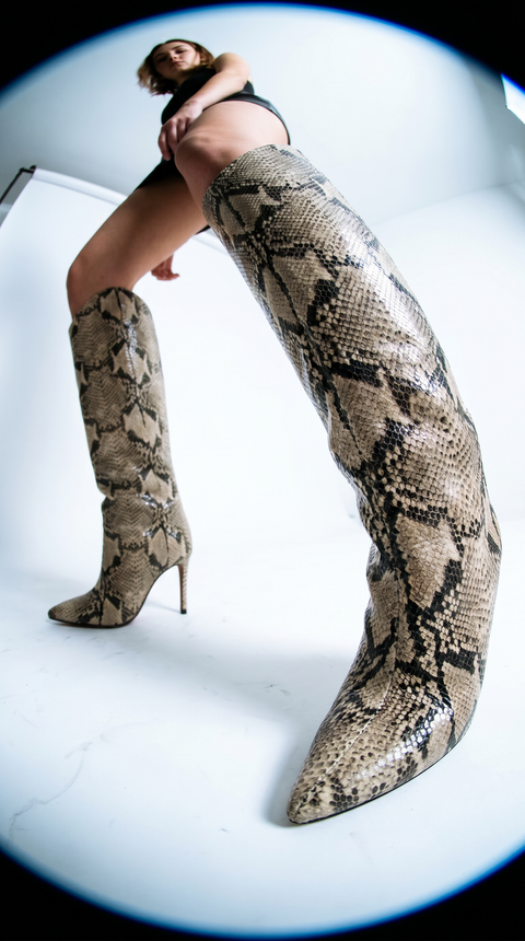 Schutz Snakeskin Print Leather Knee-High Boots