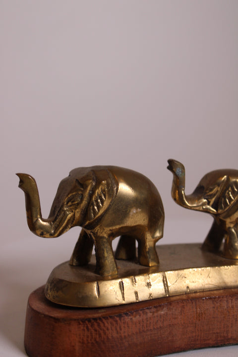 Brass Elephant Parade Sculpture on Wood Base