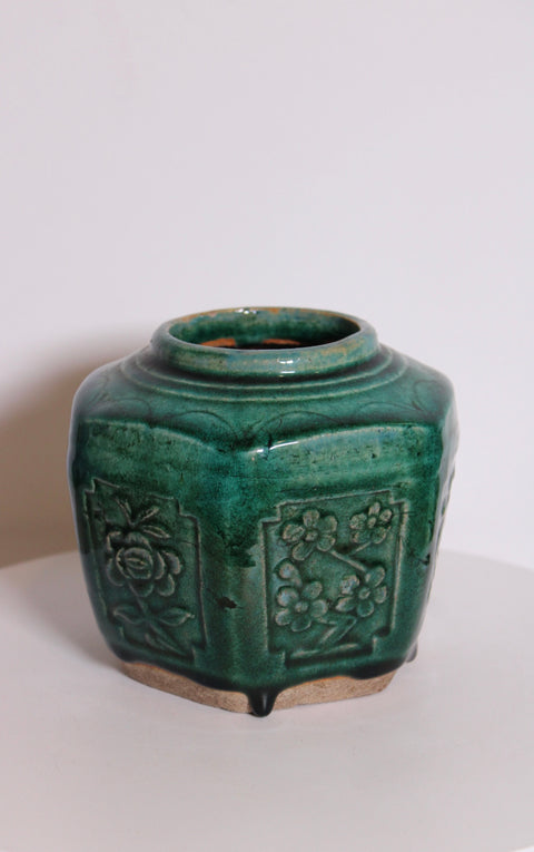 Vintage Chinese Turquoise Ginger Jar | Hexagonal Earthenware Vessel