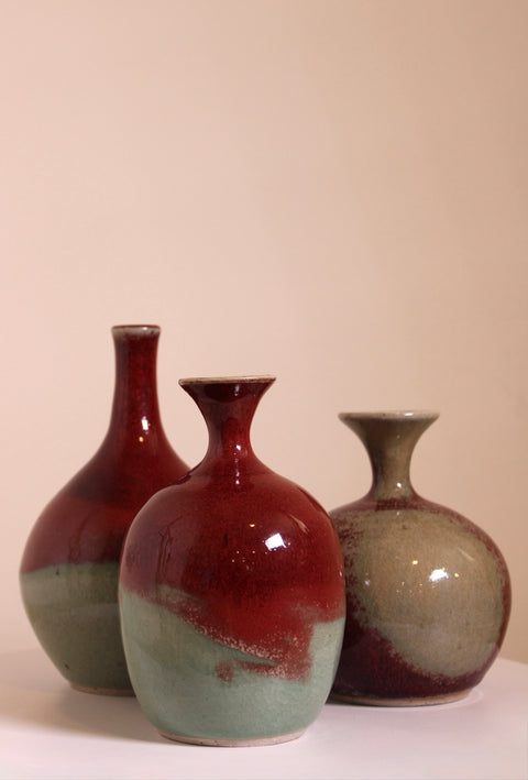 Set of Three Oxblood Red Studio Pottery Bud Vases