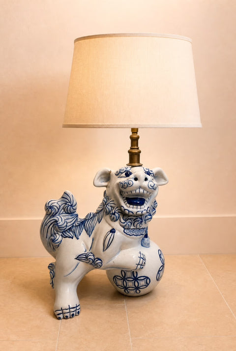 Blue and White Foo Dog Ceramic Table Lamp