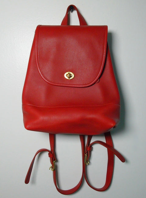 Pre Owned Coach Red Leather Mini Backpack | Gold Turn Lock Closure | Minimal Structured (Vintage)