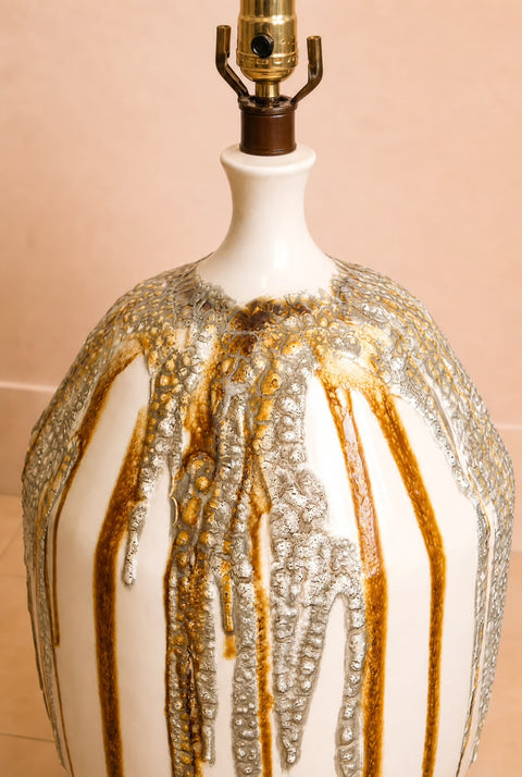 Vintage Jumbo Drip Glaze Ceramic Table Lamp – Mid Century Modern Caramel & Cream