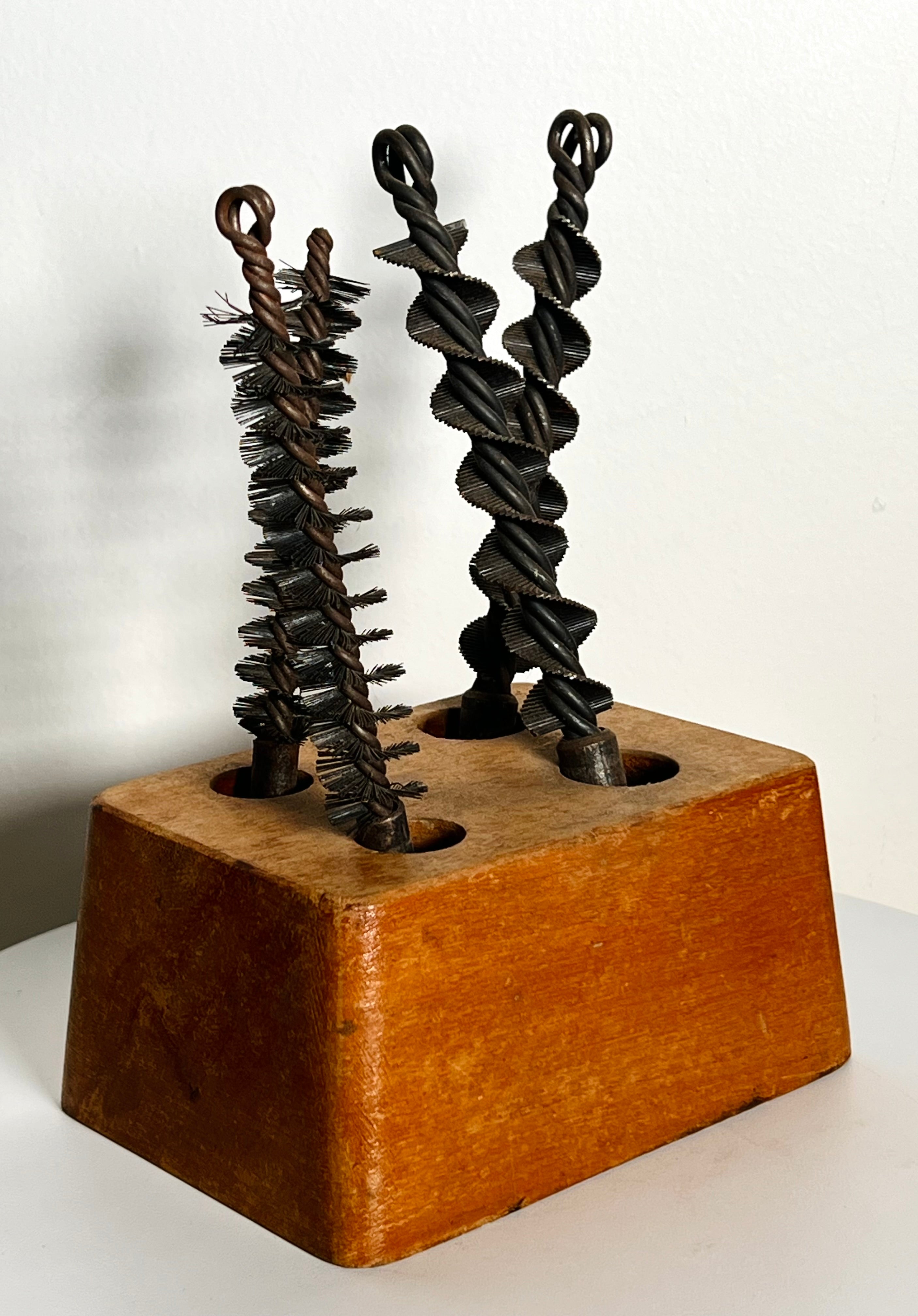 Antique Lathed Turned Wood Drill Holder & Bits (Vintage)