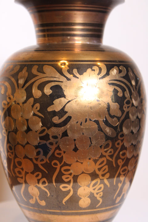 Large Floral Etched Brass Vase