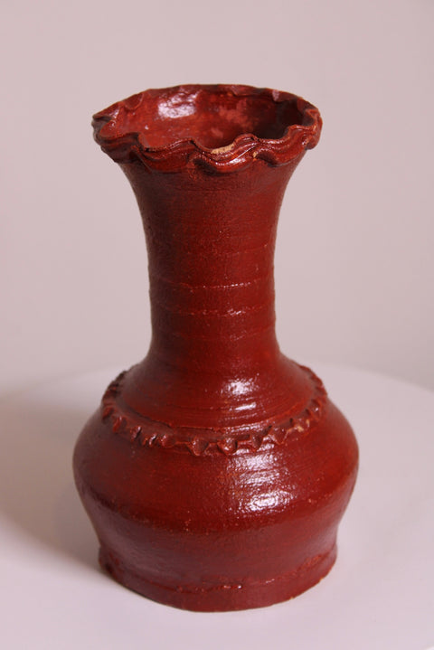 Red Glazed Scalloped Rim Vase