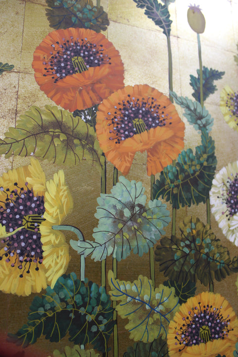 Vintage Japanese Floral Screen Panel with White Flowers