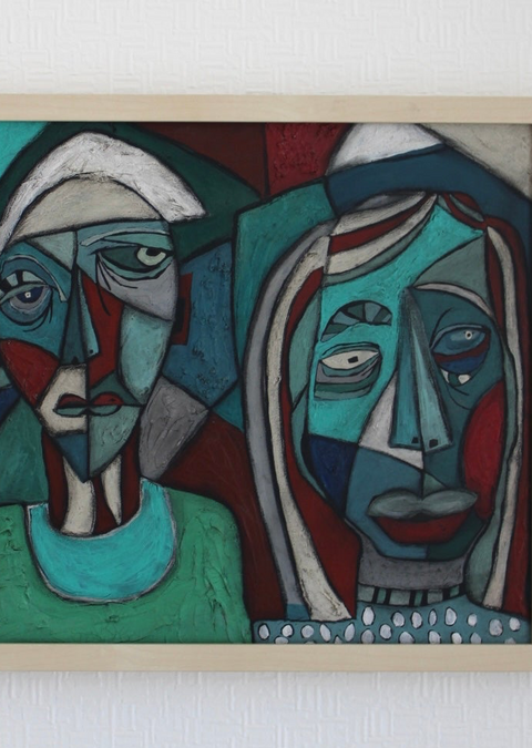 Angela Dickerson Teal Couple Original Framed Artwork