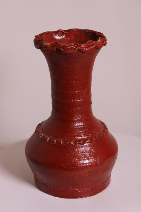 Red Glazed Scalloped Rim Vase