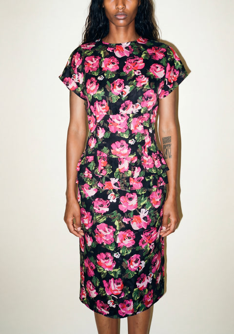 Black Pink Floral Peplum Dress