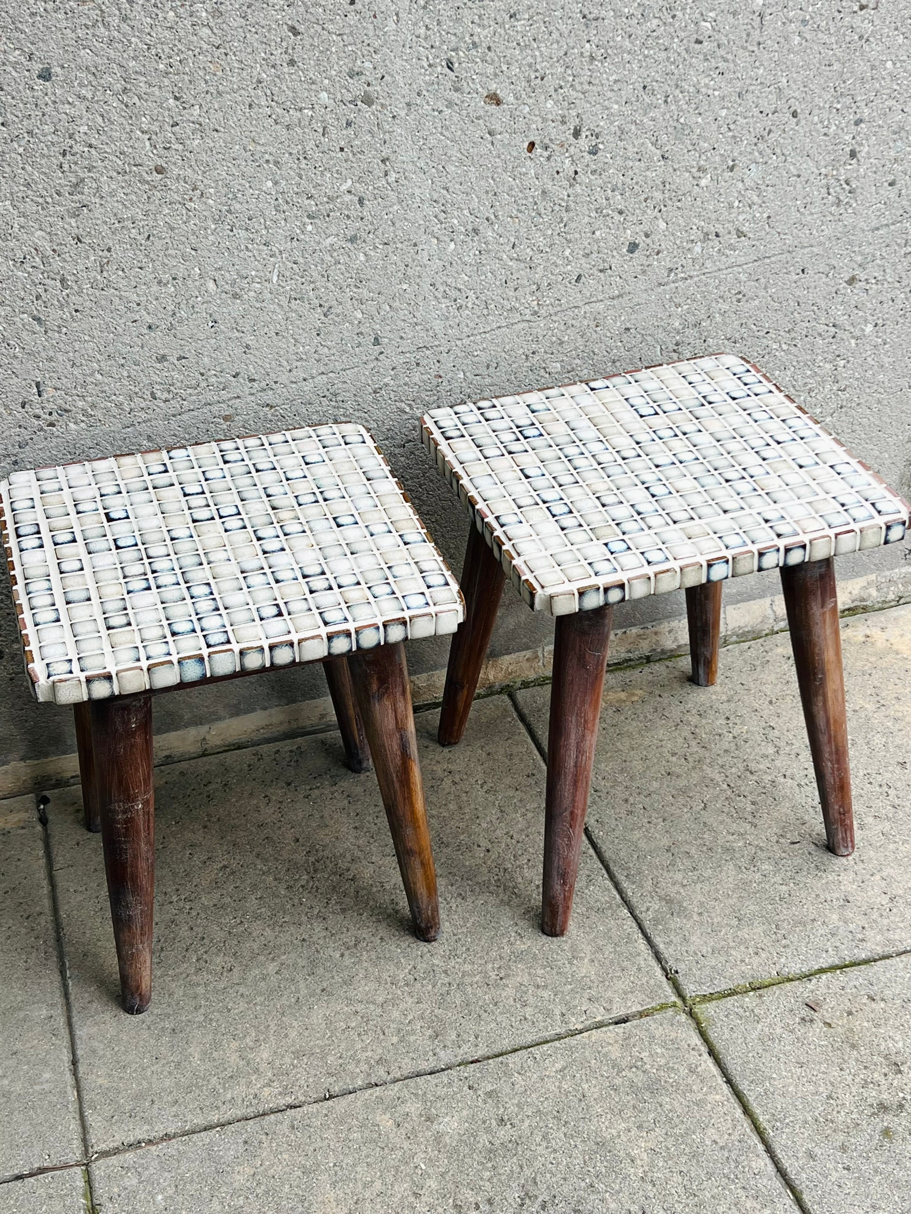 Hand tiled white/blue accent Side Tables (Pair)