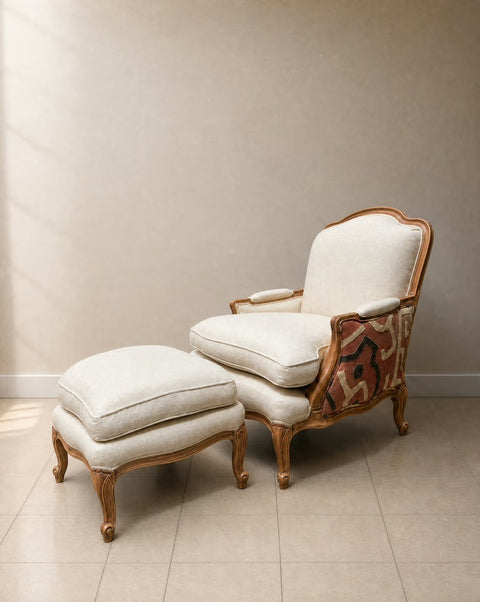 Vintage Reupholstered Kuba Cloth Chair + Ottoman