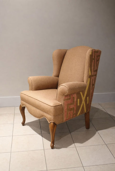 Vintage Barrel-Back Accent Chair with Kuba-Style Textile | Mid-Century Lounge Chair