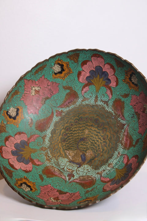 Large Peacock Floral Cloisonne Style Tray