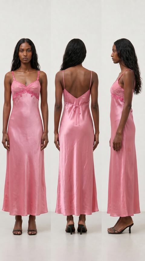 Vintage Pink Satin Lace Maxi Slip Dress