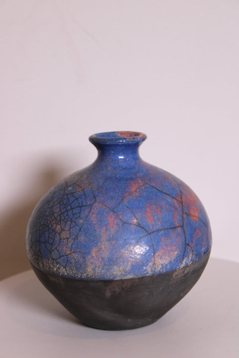 Signed Raku Studio Pottery Vessel in Cobalt & Black