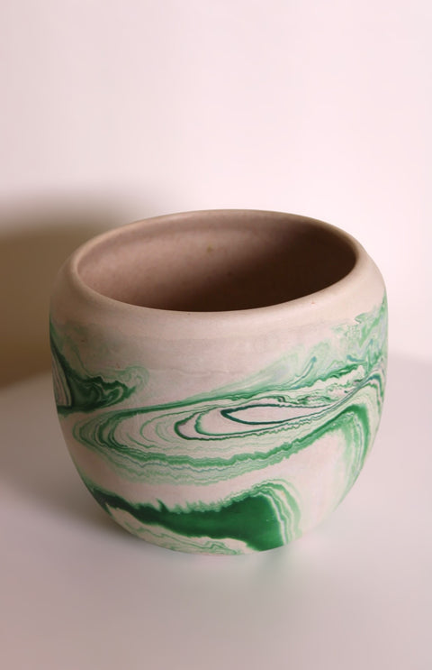 Vintage Nemadji Pottery Green Marble Cachepot Planter Handmade Clay