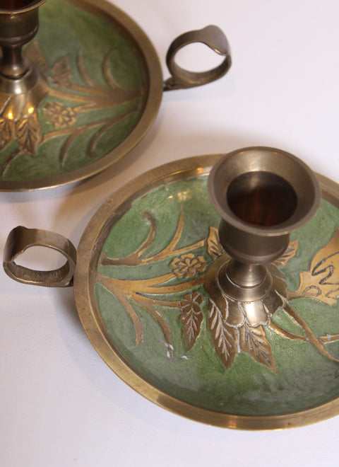Pair of Green Brass Art Nouveau Candlesticks