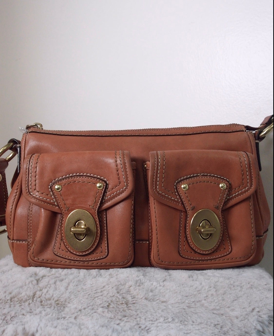Pre Owned Coach Legacy 65th Anniversary Double Pocket Shoulder Bag #10328 | Cognac Saddle Brown Leather (Vintage Y2K)