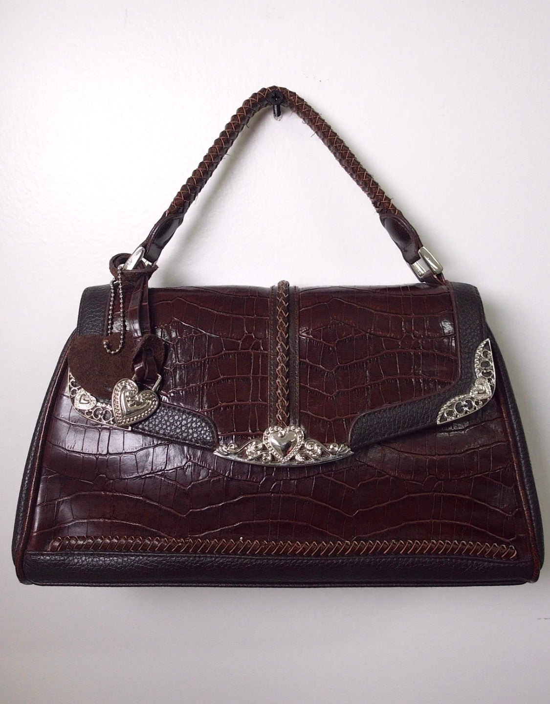 Pre Owned Brighton Satchel #D276571 | Brown Croc-Embossed Leather | Silver Heart Hardware | Braided Handle