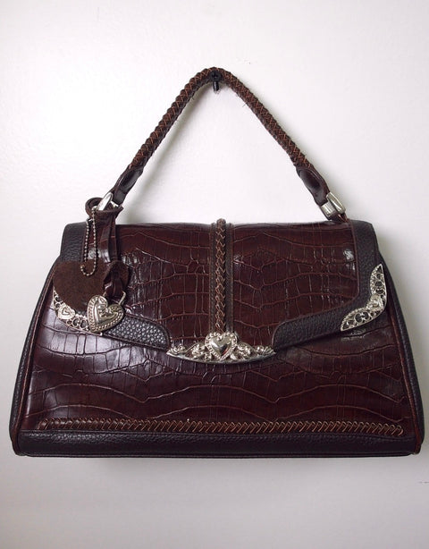 Pre Owned Brighton Satchel #D276571 | Brown Croc-Embossed Leather | Silver Heart Hardware | Braided Handle