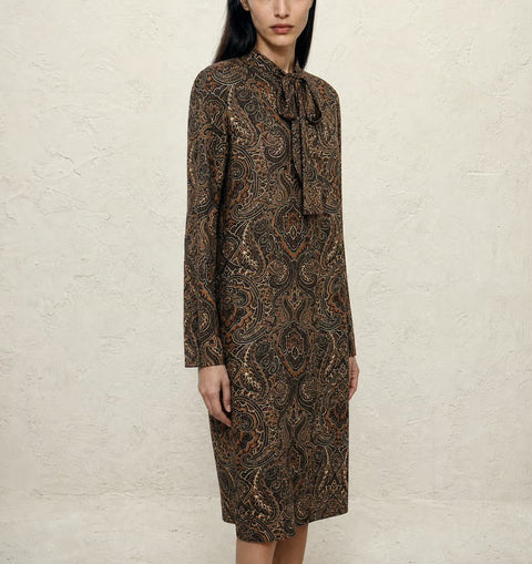 Crossing Pointe Brown Paisley Long-Sleeve Dress