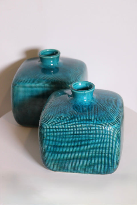 Pair of Turquoise Crosshatch Studio Pottery Bottles