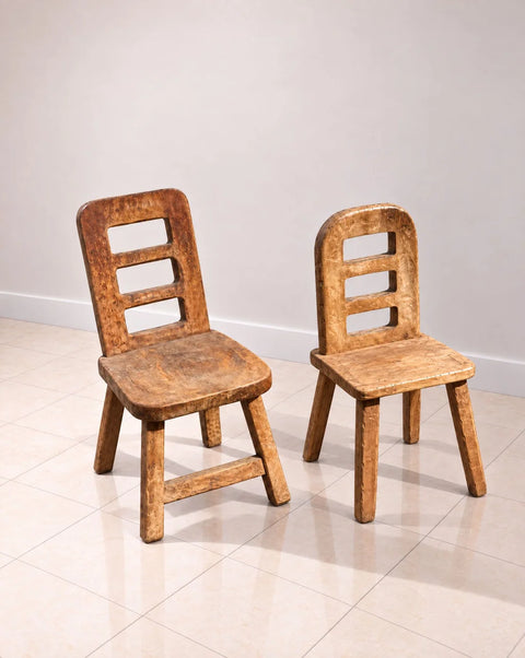 Rustic Primitive Wood Side Chairs with Cutout Backs – Pair