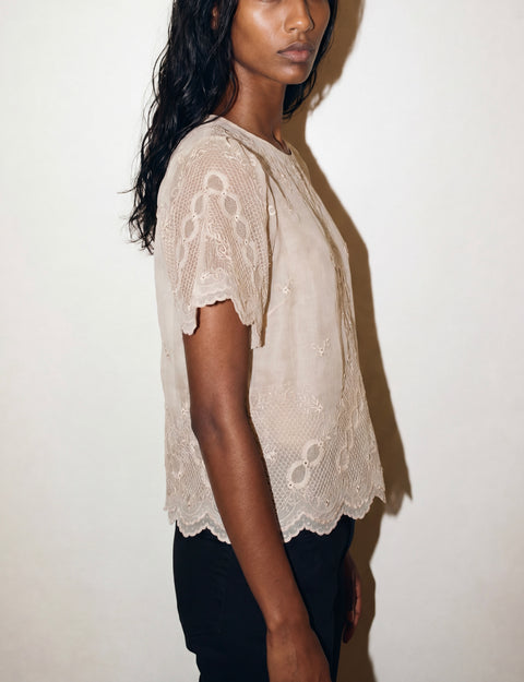 Hand-Embroidered Cream Sheer Vintage Blouse