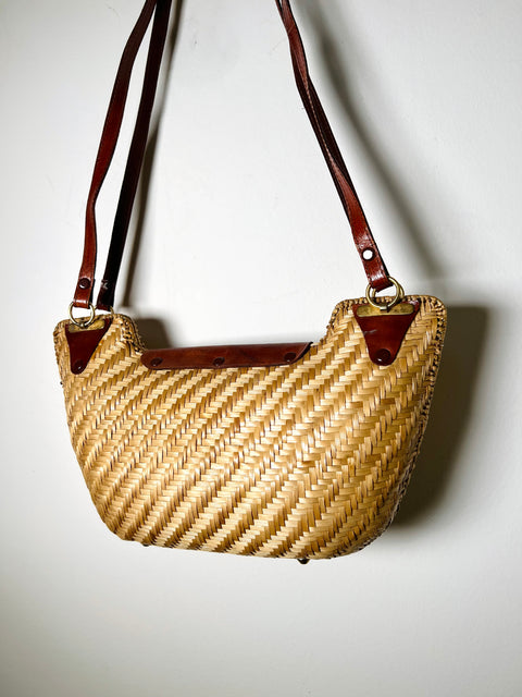Woven Straw Crescent Shoulder Bag with Brown Trim