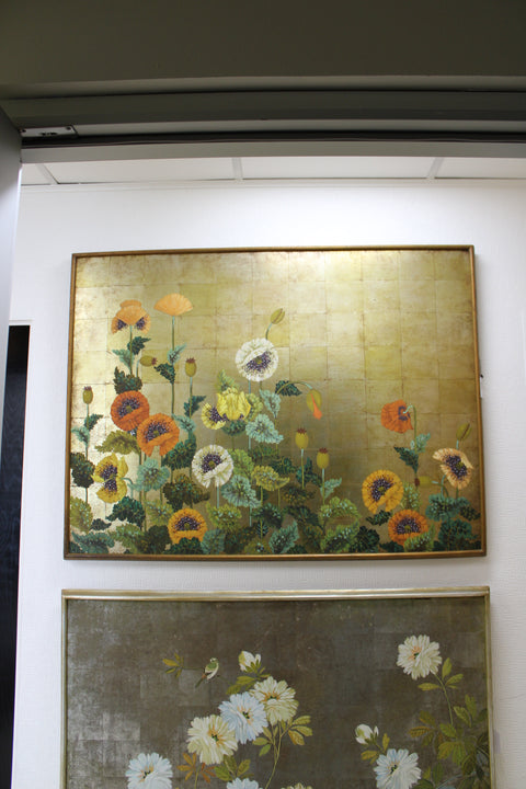 Vintage Japanese Floral Screen Panel with White Flowers