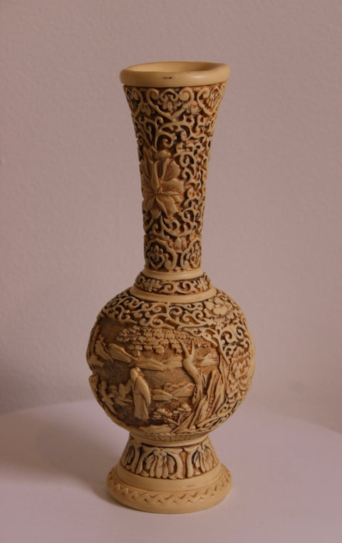 Intricately Carved Faux Ivory Scenic Vase