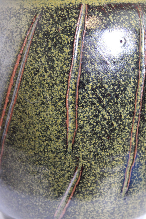 Carved Green Speckled Studio Pottery Vase