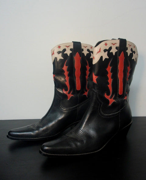 Pre Owned Black Leather Cowboy Boots | Red & White Inlay Western Boots | Pointed Toe Statement Boots (Vintage)