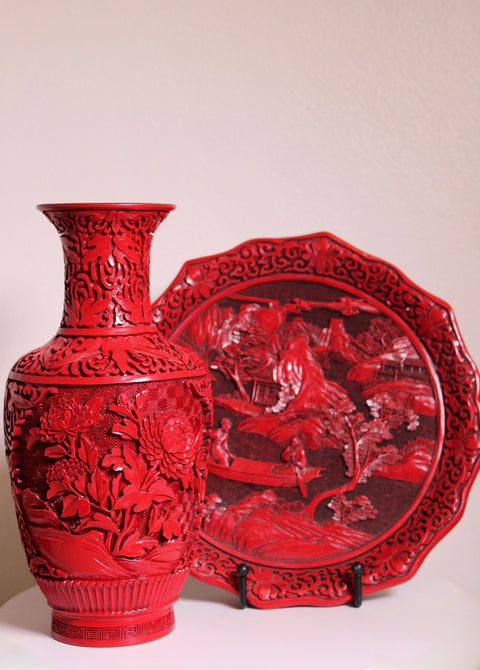 Vintage Red Cinnabar Style Carved Vase and Tray Set