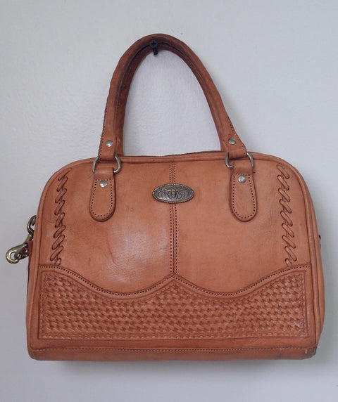 Pre Owned Western Tan Leather Satchel | Longhorn Steer Concho | Basket Weave Tooling | Whipstitch Detail (Vintage)