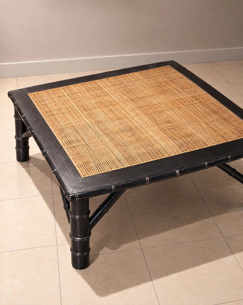 Black Bamboo-Style Square Coffee Table with Woven Inset Top