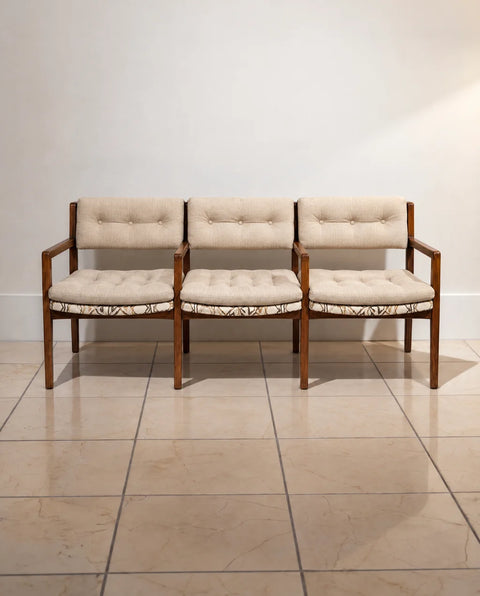 1980s Walnut Three-Seat Bench with Neutral Linen Upholstery