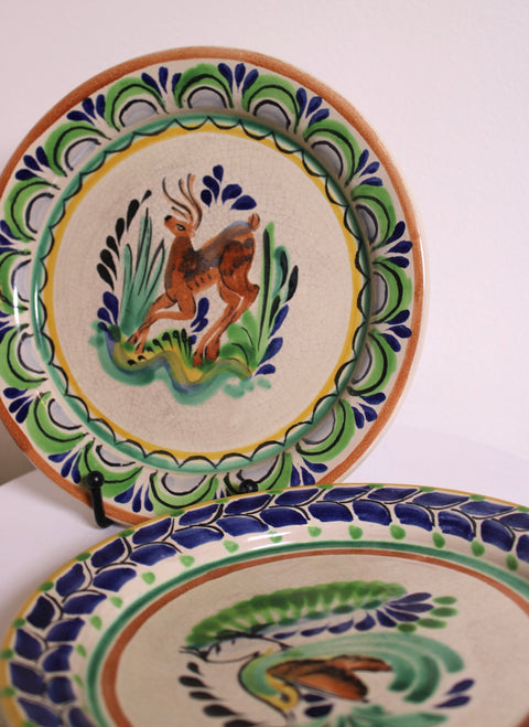 Talavera Style Folk Art Ceramic Plates Pair