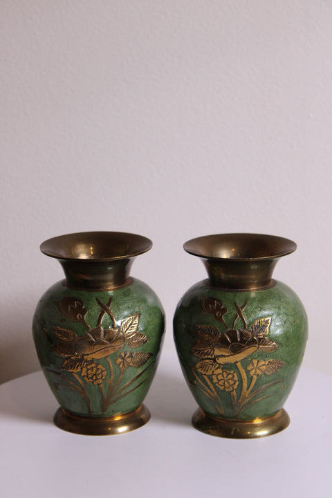Vintage Pair of Green Brass Overlay Floral Vases