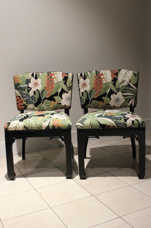 Hollywood Regency Side Chairs | Pair of Black Lacquer Upholstered Accent Chairs