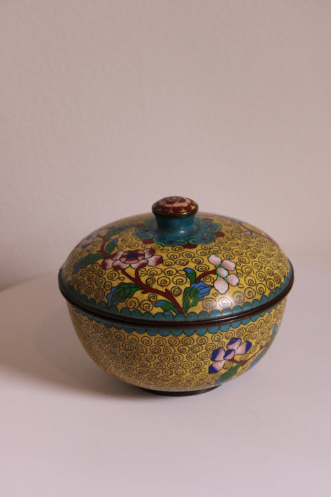 Vintage Chinese Cloisonné Covered Trinket Box – Yellow Enamel Ground