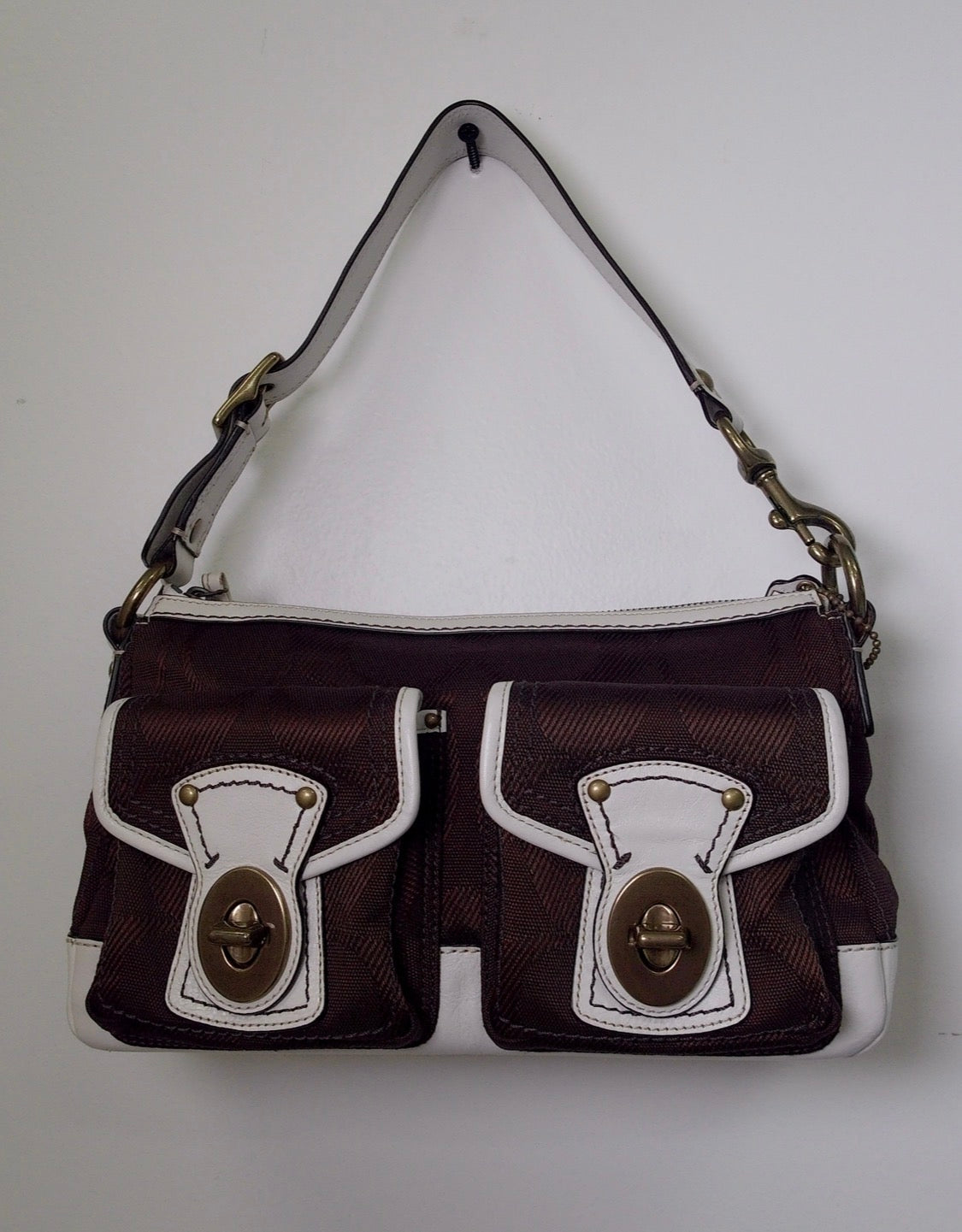 Pre Owned Coach Legacy Signature 2008 Shoulder Bag F13102 | Chocolate Brown & White | Dual Turnlock Pockets (Y2K Vintage)