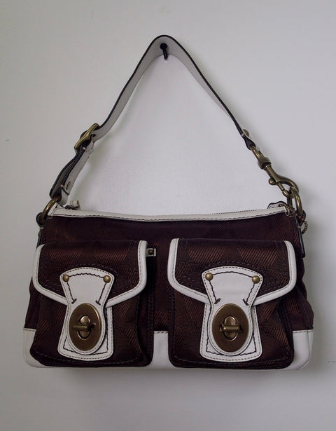 Pre Owned Coach Legacy Signature 2008 Shoulder Bag F13102 | Chocolate Brown & White | Dual Turnlock Pockets (Y2K Vintage)