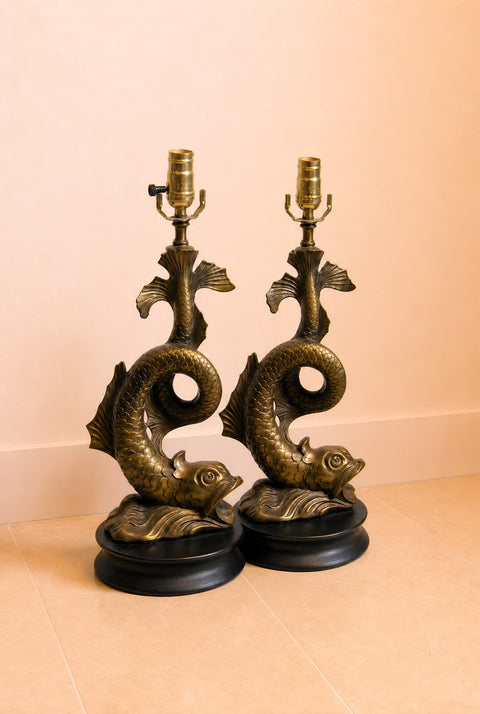 Pair of Vintage 1950s Japanese Koi Fish Table Lamps – Hollywood Regency Brass Sculptural Lamps