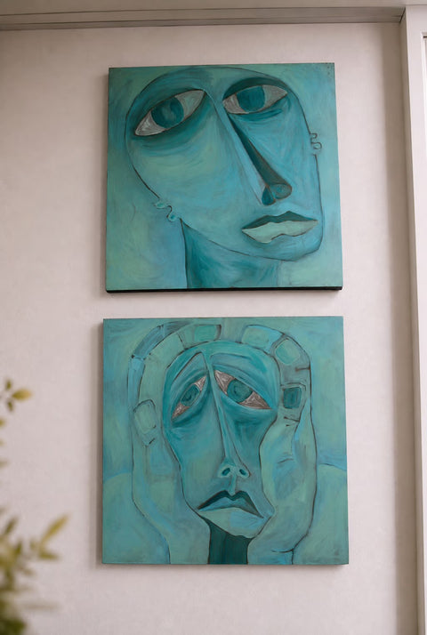 Teal Expressionist Face with Hands Painting