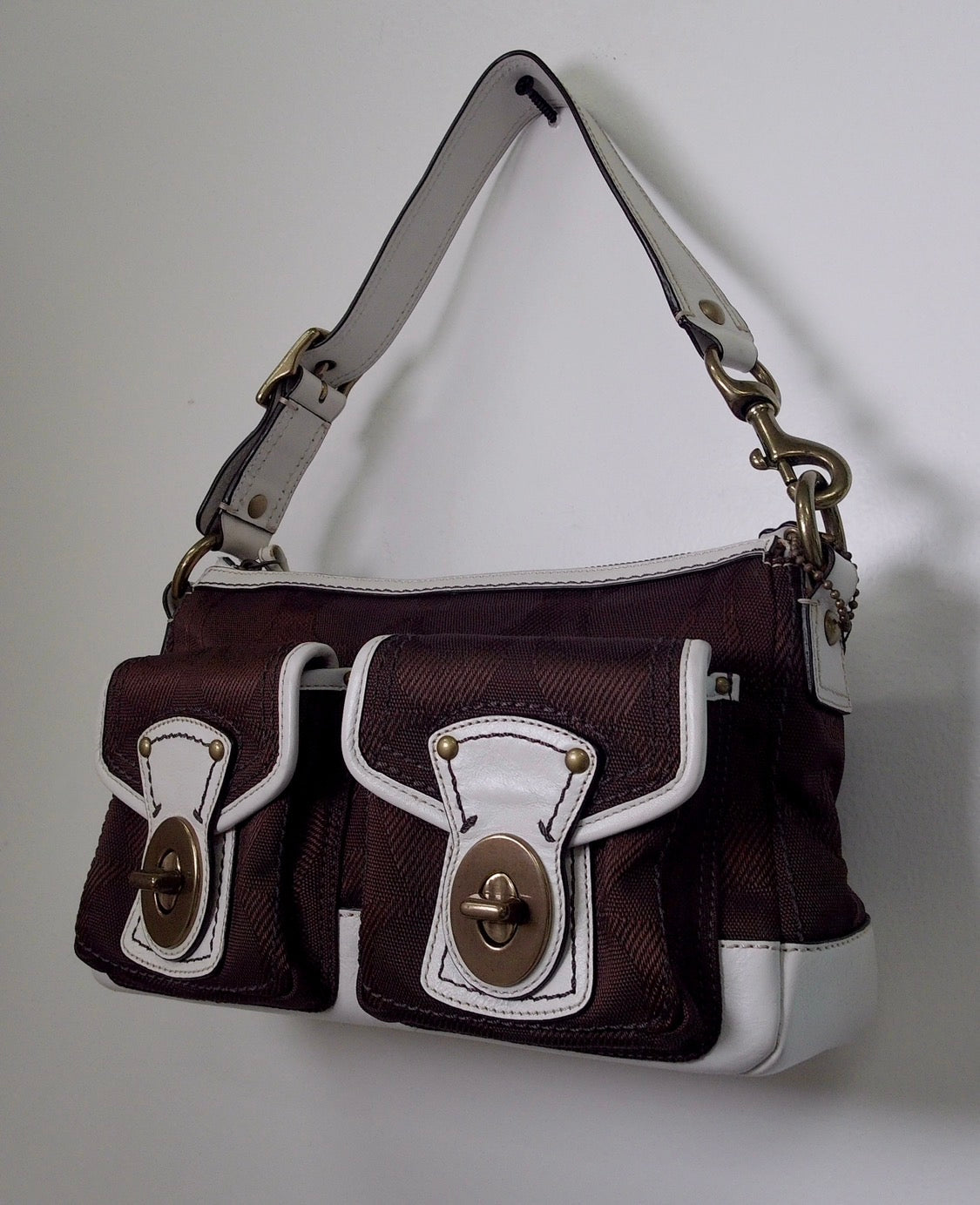 Pre Owned Coach Legacy Signature 2008 Shoulder Bag F13102 | Chocolate Brown & White | Dual Turnlock Pockets (Y2K Vintage)