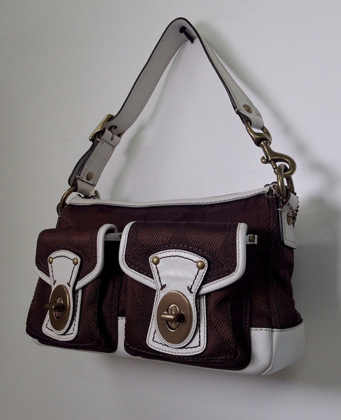 Pre Owned Coach Legacy Signature 2008 Shoulder Bag F13102 | Chocolate Brown & White | Dual Turnlock Pockets (Y2K Vintage)