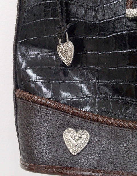 Pre Owned Brighton Black Croc Embossed Leather Crossbody | Silver Heart Hardware | Braided Strap | 90s (Y2K Vintage)